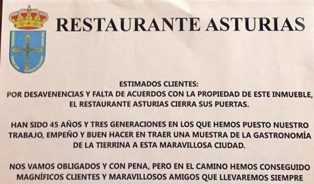 Cartel de despedida del Reataurante Asturias en Sevilla.