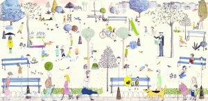 Una de las páginas dobles delibro ilustrado de extremo a extremo, que esconde los cuentos en un sobre prendido en la última página./