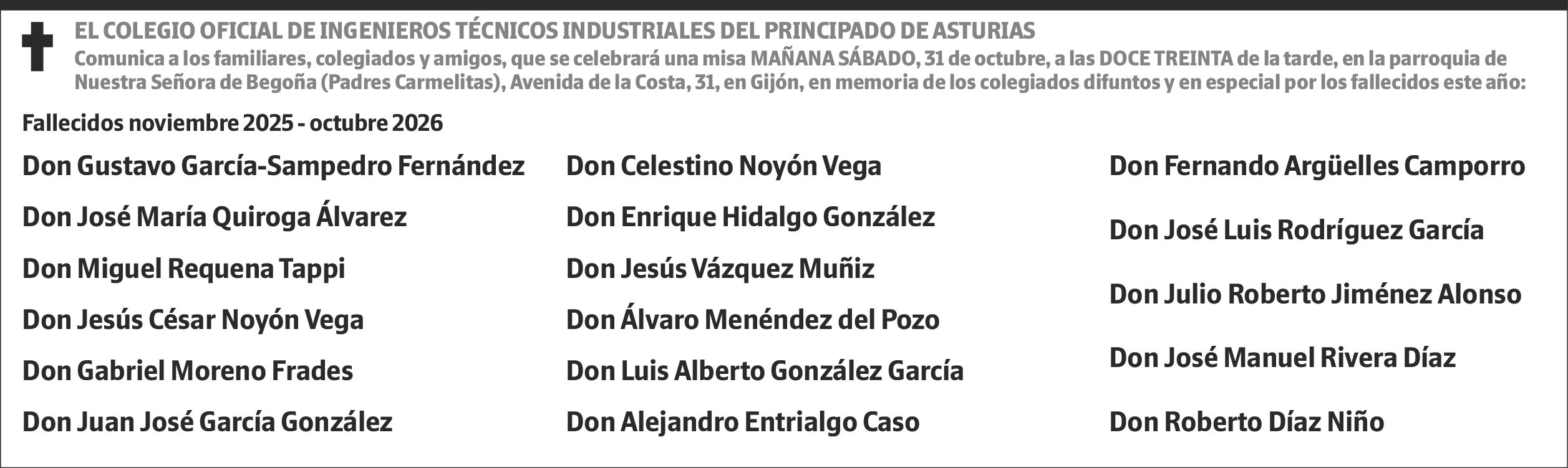 Colegio Oficial de Ingenieros. Fallecidos 2026