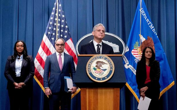 Us Attorney General Merrick Garland (In Lecture) And His Team Present The New Lawsuit Against Google To The Press.