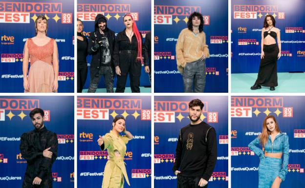 Collage de fotos de los ochos finalistas en el photocall del Benidorm Fest